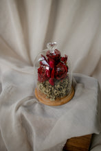 Load image into Gallery viewer, Decorative glass cloche with red flowers on a white fabric background