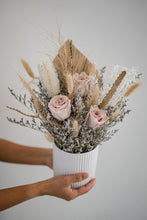 Load image into Gallery viewer, Close-up view of boho dried flower arrangement in a ceramic pot.