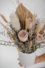Load image into Gallery viewer, Close-up of dried blush pink roses and bleached white foliage, showing the delicate textures and preserved details.