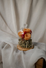 Load image into Gallery viewer, Golden Hour dried flower dome with tangerine preserved roses and olive-green hydrangea
