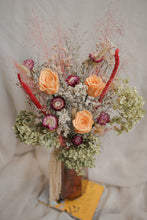 Load image into Gallery viewer, Dried flower arrangement in an amber vase filled with warm color tones, and cascading amaranth.
